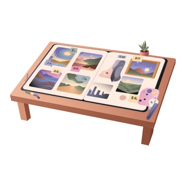 A digital flat illustration featuring an open artist's portfolio laid flat on a wooden table. The portfolio showcases various artworks organized in sections, each with a distinct price label attached. There are colorful paintings in the portfolio, including a vibrant abstract piece with swirls of blue and red, a detailed landscape of rolling hills under a sunset, and a black-and-white sketch of a city skyline. The price labels are clearly visible in bold font, indicating different price points. The table is adorned with a few art supplies including paintbrushes, a palette, and a small potted plant, adding to the creative atmosphere.