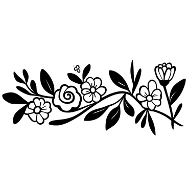 A black-and-white illustration of a flower border featuring "roses" with intricately detailed petals, intertwined with "daisies" that have small, round centers and elongated petals. The flowers are arranged in an elegant pattern, with some overlapping each other. The border is adorned with detailed leaves and stems that curve gracefully around the flowers, creating a harmonious composition.