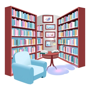 A cozy library section with tall wooden bookshelves filled with books of various genres. Each shelf is overflowing with colorful book spines, showcasing titles in different fonts and sizes. There are large illustrations framed and hanging on the walls, depicting scenes from fantasy, mystery, and adventure stories. A comfortable reading nook is situated in one corner, featuring a plush armchair and a small wooden table with a stack of open books. Soft lighting from a nearby lamp casts a warm glow over the space, creating an inviting atmosphere for readers.