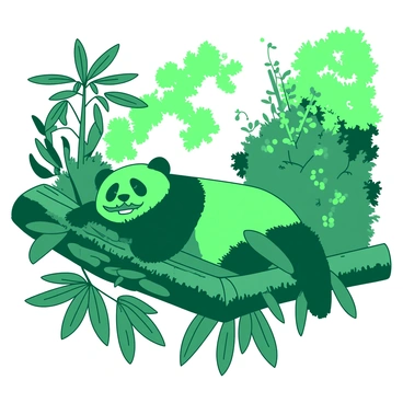 A green panda is lounging on a thick branch in a lush environment while munching on fresh bamboo shoots. The panda's fluffy fur contrasts with the vibrant green leaves surrounding it. In the background, various tropical plants add depth to the scene, with large ferns and smaller bushes framing the panda. Sunlight filters through the foliage, casting dappled shadows around the panda as it enjoys its meal.