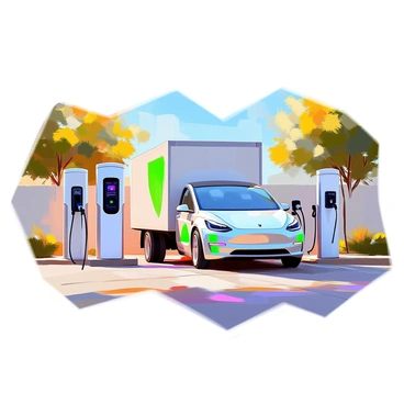 An electric transport truck with a sleek design is parked at a modern charging station. The truck features vibrant green decals along its sides, which contrast with the metallic surface of the vehicle. The charging station is equipped with multiple charging units, displaying bright lights indicating an active charging process. The background consists of a neatly paved area with a few trees and shrubs, adding an element of greenery around the station. The sky is clear and blue, providing a bright atmosphere to the scene.