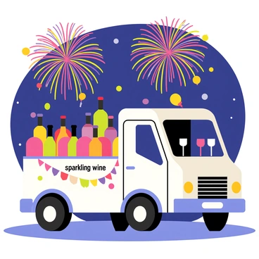 A truck decorated with colorful streamers and balloons is parked in a festive setting. The truck has an open back filled with bottles of "sparkling wine" and glasses ready to be filled. Fireworks in vibrant colors burst in the night sky above the truck, casting bright lights. Confetti flies through the air around the truck, adding to the celebratory atmosphere.