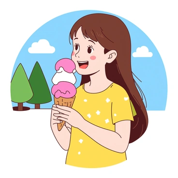 A young girl with long brown hair is happily enjoying an ice cream cone. She is wearing a bright yellow dress adorned with small white flowers. The ice cream cone has two vibrant scoops, one pink and one white, which are starting to melt slightly in the warm sunshine. In the background, there are a few green trees and a clear blue sky dotted with fluffy white clouds. The girl has a big smile on her face as she takes a lick of her cone, with sunlight catching her joyful expression.