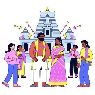A couple is standing in front of an ancient South Indian temple. The groom is wearing a traditional white dhoti and a colorful shawl draped over one shoulder. The bride is dressed in a vibrant silk saree with intricate gold patterns and matching jewelry. Family and friends are gathered around them, with some holding flower garlands. The temple's detailed stone carvings and towering gopuram are visible in the background. Colorful flowers and decorative torans are hung around the area, adding to the celebratory atmosphere.
