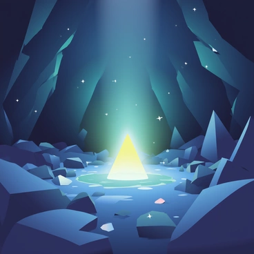 A dark cavern is filled with jagged rocks and uneven surfaces. In the center, an ethereal light element radiates a vibrant glow, illuminating the surrounding area. The light has a soft, luminescent quality, casting shades of blue and green on the cavern walls. Shadows dance across the rocky terrain as the glow flickers gently. Small crystals embedded in the rocks reflect the light, creating a sparkling effect throughout the cavern.