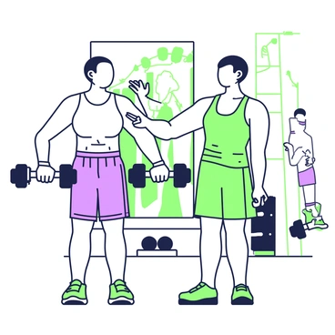 A personal trainer is standing next to a client in a gym, demonstrating the correct technique for lateral raises. The trainer is wearing a fitted athletic tank top and shorts, with a focused expression. The client, who has short hair, is following the trainer's instructions, holding a pair of dumbbells in each hand. The gym is equipped with various workout machines and free weights in the background. A large mirror reflects the workout area, showing other individuals engaged in different exercises. The trainer is pointing towards the client's arms, emphasizing proper form and posture while providing encouragement.