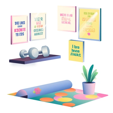 A cozy home gym corner features a set of shiny silver dumbbells resting on a small, dark wood shelf. Below the shelf, a colorful yoga mat is rolled out on the floor, displaying floral patterns in vibrant hues. On the walls, several motivational posters are framed, each containing inspiring quotes in bold typography. The lighting is warm and inviting, highlighting the gym equipment. A potted plant is placed near the corner, adding a touch of greenery to the space.