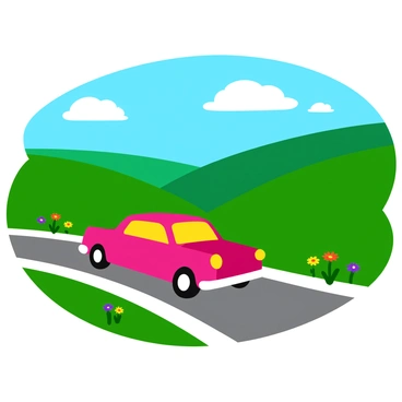 A brightly colored car driving along a winding road. The road is bordered by lush, rolling hills covered in vibrant green grass. On either side of the road, there are clusters of wildflowers in various colors, including yellow, purple, and red. The sky above is a clear blue with a few fluffy white clouds scattered throughout. The scene captures a sunny day, enhancing the cheerful atmosphere of the drive. The car is in motion, with the wheels slightly blurred to indicate speed.