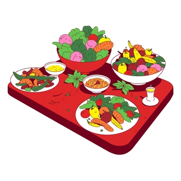 A red table is beautifully set for a vegan feast. In the center, there are large bowls filled with vibrant salads, showcasing a variety of greens, bright orange carrots, and juicy pink tomatoes. Surrounding the bowls are plates piled high with grilled vegetables, including tender yellow bell peppers and deep green zucchini, all glistening with a light dressing. There are also small dishes of diverse plant-based dishes, featuring rich textures and colors, arranged artfully on the table. The overall presentation is inviting and colorful, emphasizing the freshness of the ingredients.