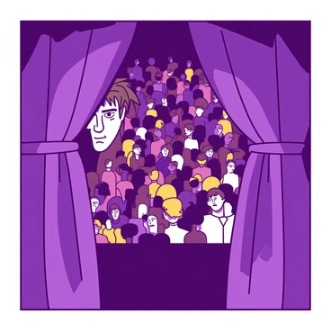 An actor peeking nervously from behind the curtains onto a crowded theater