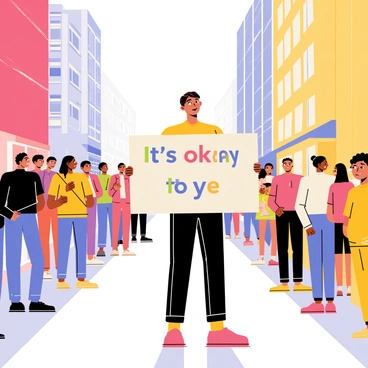A man with short brown hair stands in a crowded street, holding a rectangular sign that reads "It's okay to cry" in bold, colorful letters. The street is filled with a diverse group of people, all gazing at the man with expressions of contemplation. The surrounding buildings are tall and feature a mix of brick and glass exteriors. A soft light filters through, casting gentle shadows on the pavement, enhancing the quiet atmosphere of the scene. The crowd is dressed in a variety of styles, indicating a mix of ages and backgrounds, creating a sense of unity in the stillness.