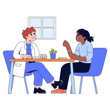 A doctor with short brown hair wearing a white coat is sitting at a wooden desk. The doctor is leaning slightly forward, showing engagement. Across from the doctor, a patient with dark hair and a concerned expression is sitting in a chair. The desk has a few medical papers and a small potted plant on it. The room is well-lit, with a window visible in the background. Both the doctor and patient have attentive expressions, indicating a conversation filled with warmth and empathy.
