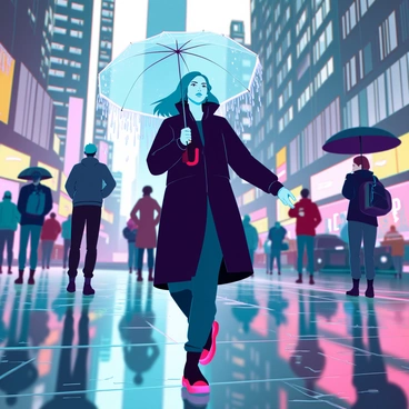 A young woman with shoulder-length green hair and wearing an oversized black raincoat is walking down a busy city street. She carries a large, transparent umbrella that catches the raindrops, creating a cascading effect. The street is slick with rainwater, reflecting the vibrant neon lights of the surrounding buildings. She steps carefully on the wet pavement as people pass by, some huddled under their own umbrellas. The atmosphere is lively with blurred motion of pedestrians and cars, while the rain continues to fall steadily.