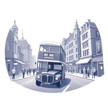 A classic double-decker bus is driving down a bustling London street. The bus has its iconic design, featuring two levels with large windows and a curved top. Surrounding the bus, there are numerous pedestrians walking on the sidewalk, with some people stopping to look at the bus. Nearby, there are traditional brick buildings lining the street, adorned with shop signs and awnings. In the background, a few recognizable landmarks can be seen, such as a clock tower and a British telephone booth. The scene is filled with activity and movement, capturing the lively essence of the city.