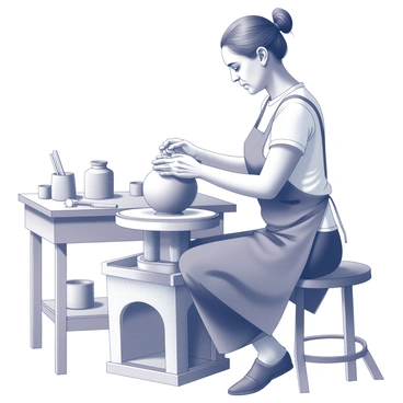 An artist is focused on sculpting a clay pot on a spinning pottery wheel. The artist, a middle-aged woman, sits on a stool with her hands gently shaping the wet clay as it spins. She wears a simple apron, and her hair is tied back. The pottery wheel is made of wood and metal, and it has a foot pedal for control. Around her, various tools for sculpting and finishing the pottery can be seen scattered on a workbench. The setting has an ambiance of creativity, with natural light illuminating the workspace.