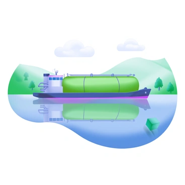 A tank barge floating on a lake with a smooth, glassy surface. The barge is large and robust, painted in a muted green color, with industrial details such as pipes and a small cabin at the rear. Its reflection is vividly mirrored on the water, creating a symmetrical image. The surrounding scenery includes soft, rolling hills in the background, with patches of trees providing a natural frame. The sky above is clear and bright, with a few fluffy white clouds. The calmness of the water enhances the tranquil atmosphere of the scene.