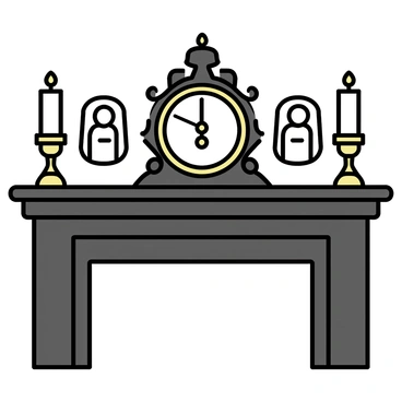 An ornate mantlepiece in an old Victorian home, made of dark wood with intricate carvings. The mantlepiece features an antique clock at its center, showcasing an ornate design with Roman numerals and a golden pendulum. Flanking the clock are two elegant candlesticks, crafted from brass with intricate patterns, each holding a lit white candle. The backdrop is adorned with vintage photographs in elaborate frames, completing the rich historical ambiance.