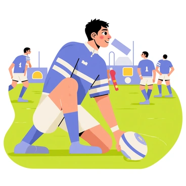 A rugby player wearing a blue jersey with white stripes is kneeling on the grass field during a match. The player has short black hair and looks focused, holding a water bottle to their mouth. The sun is shining, casting shadows on the field, while teammates in the background are engaged in the game. A rugby ball is nearby, and the scoreboard can be seen in the distance, indicating the match progress. The player’s sweat glistens on their forehead, showcasing the intensity of the game.