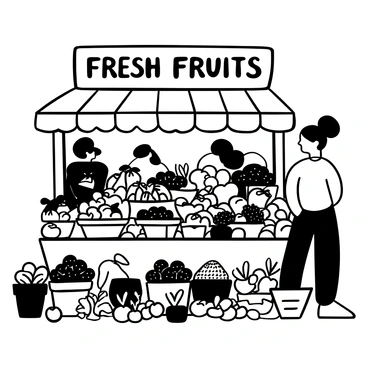 A market stall overflowing with an abundance of fresh berries and fruits. Various baskets filled with plump strawberries, blueberries, and raspberries are stacked on top of each other. In addition, there are oranges and apples arranged neatly beside the berries. The stall is surrounded by people browsing the fruits, with a wooden sign above displaying the words "Fresh Fruits" in bold letters. Various leafy greens and herbs are seen in small pots at the edges of the stall.