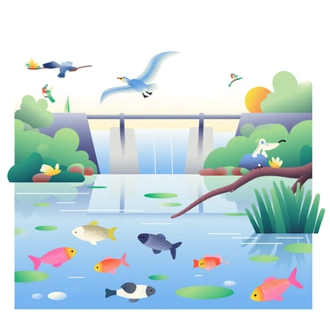 An expansive view of a hydroelectric dam is visible in the background, with large concrete structures and flowing water. In the foreground, various species of fish are swimming energetically in the clear water, showcasing bright scales and fins. Above the water, several birds are flying gracefully, including a blue heron with extended wings and a group of small, vibrant songbirds perched on a nearby branch. The surrounding area is lush with green vegetation, including reeds and water lilies, enhancing the scene of thriving aquatic wildlife. The sun casts a warm glow over the entire landscape, illuminating the dynamic interactions between the animals and their environment.