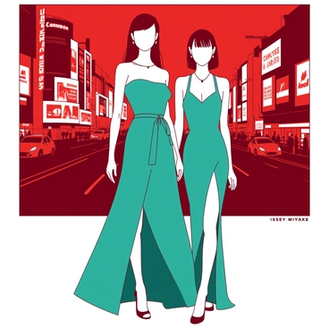 A red evening cityscape is illuminated with bright lights and buildings, creating a vibrant atmosphere. In the foreground, two tall models stand confidently, showcasing their glamorous outfits designed by Issey Miyake. One model wears a flowing teal dress that drapes elegantly to the ground, while the other is dressed in a form-fitting teal ensemble that highlights her silhouette. Both models are accessorized with bold jewelry, and their hair is styled to complement their outfits. The background features a bustling city filled with people and vehicles, capturing the essence of a lively night out.
