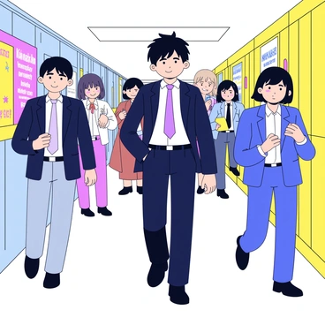 Ayanokoji, a teenage boy with short black hair and a calm expression, is walking down a busy school hallway. He is dressed in a neat school uniform consisting of a dark blazer and tailored trousers. Around him, students are passing by in various poses, some chatting animatedly and others focused on their phones. Lockers line the walls of the hallway, and colorful posters promoting school events are displayed. The scene captures a sense of daily school life with a lively but organized atmosphere.