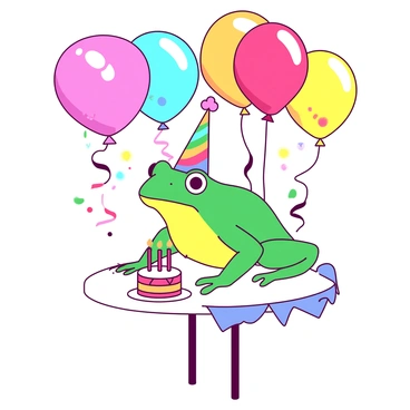 A green frog is wearing a colorful party hat that is slightly tilted to one side. The frog is sitting on a small table, which is decorated with an assortment of vibrant balloons in various sizes, some floating in the air and others tied down. Around the frog, there are bright streamers cascading down from above, creating a festive atmosphere. A small birthday cake with lit candles is placed in front of the frog on the table. The frog's eyes are wide with excitement as it looks at the cake.