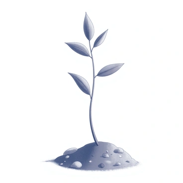 A small tree with a slender trunk and delicate branches is emerging from the ground. The tree's leaves are unfurling as they reach upwards, seemingly yearning for sunlight. The ground around the tree is textured, with some soil visible and small pebbles scattered nearby. The scene captures the fresh vitality of new growth, with the tree positioned prominently, inviting focus on its upward stretch.