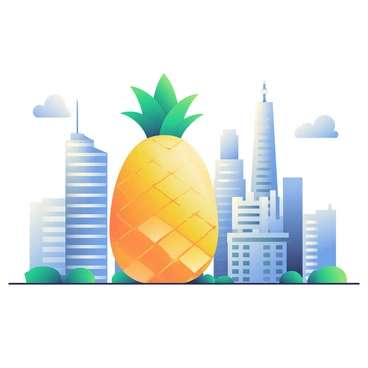 A modern city skyline with a skyscraper shaped like a gigantic pineapple