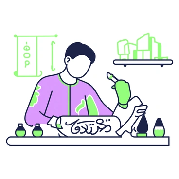 An artist is seated at a wooden table, focused intently on crafting intricate Arabic calligraphy. They are holding a traditional pen in their right hand, poised above a sheet of parchment. The artist's attire consists of a flowing tunic, adorned with patterns reflecting cultural heritage. To the left of the artist, there are several ink pots in various shapes, filled with dark ink. In the background, shelves lined with scrolls and calligraphy tools are visible, adding to the atmosphere of a dedicated workspace. The parchment displays elegant, swirling letters, illustrating the beauty of the Arabic script.