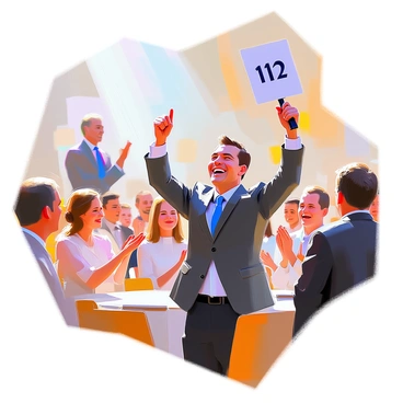 A delighted bidder with a broad smile, holding a winning paddle number high in the air at an auction. The paddle is clearly marked with the number "12" in bold lettering. The bidder is wearing a tailored suit and has short, neatly combed hair. Surrounding them, other participants are watching with interest, some clapping while others are engaged in conversation. The auctioneer is visible in the background, confidently gesturing to the crowd. The atmosphere is lively and filled with excitement, with bright lights illuminating the scene.