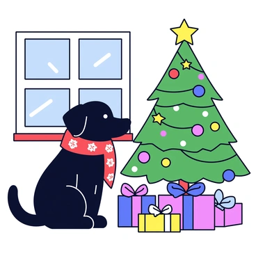 A black Labrador dog wearing a red scarf with white snowflakes sits beside a decorated Christmas tree. The tree has colorful ornaments, twinkling lights, and a golden star on top. Under the tree, there are various wrapped presents with shiny bows. The background features a warm, cozy atmosphere with snowflakes visible through a nearby window.