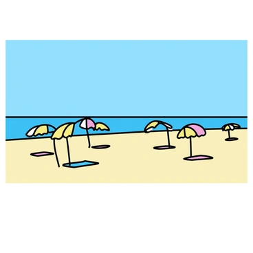 A wide sandy beach with a clear blue sky overhead. Several "pied umbrellas" are scattered across the scene, providing shade. Colorful "towels" are laid out on the sand beneath each umbrella. The beach is empty except for a few small waves gently lapping at the shore. A distant horizon line separates the ocean from the sky, creating a peaceful atmosphere.