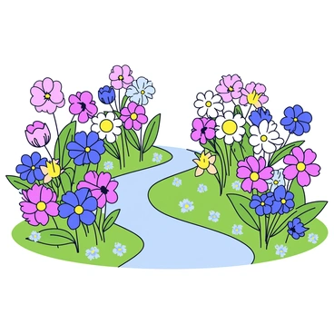 A blooming garden filled with a variety of flowers in every shade of the Createx palette. The flowers are arranged in clusters, showcasing distinct shapes and sizes. Some flowers have large, rounded petals while others feature delicate, slender blooms. The garden is dotted with green leaves that provide a vibrant contrast to the colorful blossoms. A small pathway winds through the garden, leading the viewer's eye deeper into the lush scene. Bright sunlight casts gentle shadows, enhancing the vivid colors of the flowers.