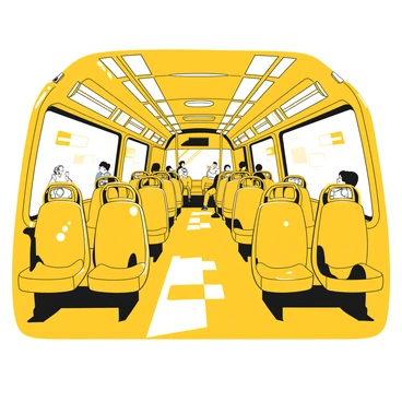 The interior of a modern bus with plush seats and digital screens