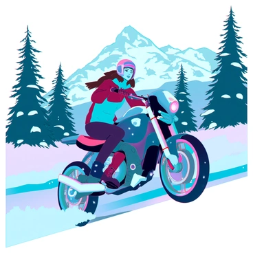 A young woman with light skin and long brown hair peeks out from a thick, insulated winter jacket, wearing a snug helmet with a visor. She is riding a powerful motorcycle adorned with bright colors and modern features. The bike's tires are kicking up snow as she speeds along a narrow, winding road lined with tall, snow-covered trees. In the background, a range of majestic mountains is visible, their peaks capped with white snow under a bright blue sky. Flurries of snow are falling gently around her, adding to the winter atmosphere.