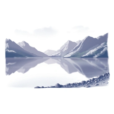 A tranquil lakeside scene is depicted. The surface of the lake is smooth, creating a perfect reflection of the surrounding mountains. The mountains have rugged peaks and slopes, with some rocky terrain and patches of greenery visible. The foreground shows a shoreline with small rocks and pebbles along the edge of the water. In the distance, the sky is clear with a few clouds, enhancing the peaceful atmosphere of the setting.