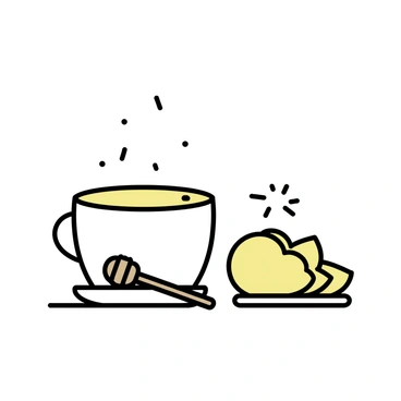 A steaming cup of "yuzu and ginger tea" placed on a simple white saucer. The tea emits small wisps of steam, indicating its warmth. Next to the cup, there is a wooden "honey dipper" resting on the saucer. Accompanying the tea, there are several "fresh yuzu slices" arranged neatly on a small white plate on the side.