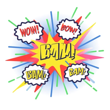 A canvas filled with an explosion of bright colors in various shades of red, blue, yellow, and green. In the center, there are several comic-style speech bubbles with phrases like "WOW!" and "BAM!" each in bold, black outlines. The speech bubbles vary in size and are placed at different angles, creating a sense of dynamic movement across the canvas. The background features a burst pattern radiating from the center, further enhancing the energetic feel of the image.