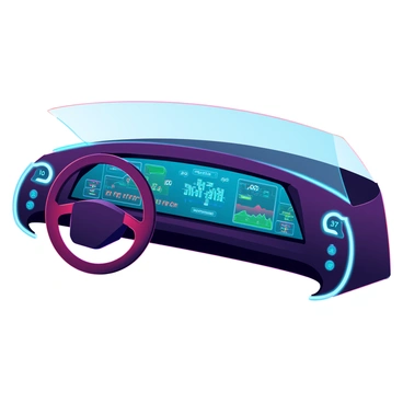 A sleek, modern car dashboard with a smooth, curved design. It features a large central digital display that shows various vehicle metrics like speed, fuel level, and navigation maps in vibrant colors. There are customizable controls on either side of the display, including touch-sensitive buttons and dials with glowing edges. The dashboard is illuminated with ambient lighting in shades of blue and green. High-tech interfaces and graphics animate smoothly across the screen, creating an advanced, futuristic look. The steering wheel is wrapped in leather and incorporates additional digital controls for easy access.
