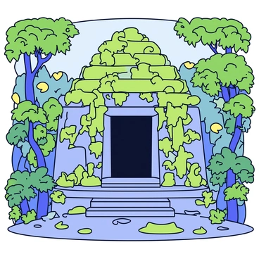 An ancient temple hidden deep in the jungle with vines and moss covering its surface