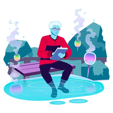 A middle-aged man with spiky white hair and a red and black outfit is seated at a wooden bench in a hot spring. He has a focused expression while writing in a notebook with a pen. Steam is rising around him, creating a misty atmosphere. The background features natural rock formations and lush greenery, with hints of water droplets reflecting light. Various colored lanterns hang nearby, adding a warm glow to the scene.