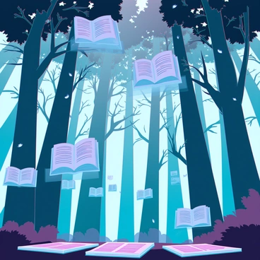 A dense forest filled with tall trees, each adorned with pages instead of leaves, fluttering gently in the breeze. The trees have trunks with a smooth bark texture, and the pages display various texts and illustrations, creating a whimsical atmosphere. Scattered throughout the forest are signs that read "Forbidden Reading," with bold letters, warning any passersby. Soft beams of light filter through the pages, casting intricate shadows on the forest floor, which is covered in a carpet of fallen, crumpled pages. The scene conveys an air of curiosity and mystery, inviting exploration.