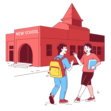 A red school building stands tall in the background as a child walks confidently towards the entrance, wearing a bright yellow backpack. The child is smiling, showing excitement about the new experience. Beside them, a supportive friend, also smiling, holds a blue notebook in one hand and gestures encouragingly towards the school. Sunlight casts soft shadows on the ground, enhancing the cheerful atmosphere of the scene.