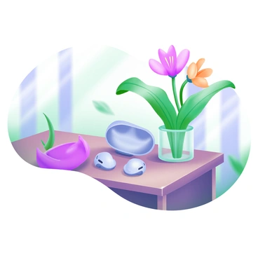 A pair of "Samsung Galaxy Buds" resting on a "wooden table." The buds are positioned near a "blooming plant" with vibrant green leaves and colorful flowers. Soft light filters down, casting gentle shadows on the table surface. The background features a hint of a cozy room setting, enhancing the natural beauty of the scene.