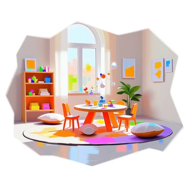 A children's playroom filled with colorful Munari-style toys and educational tools. The room features a soft, textured carpet in bright colors, providing a comfortable area for play. Wooden shelves display a variety of toys, including geometric shapes, mobiles, and brightly colored blocks. A large, round table is at the center, surrounded by small chairs, where children can engage in creative activities. Brightly colored artwork hangs on the walls, and natural light streams in through a window, illuminating the space. Soft cushions in various shapes are scattered around the room, inviting relaxation and play.
