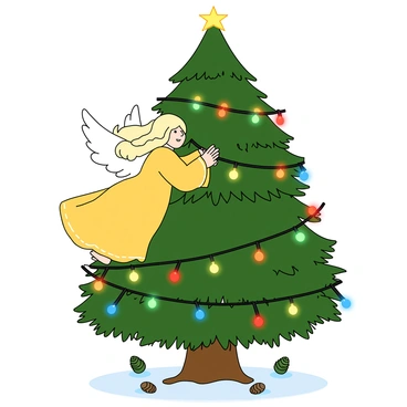 An angel with white wings and a flowing golden robe stands gracefully on a branch of a large pine tree. The angel has long, wavy hair that shines with a soft glow. She is carefully weaving colorful, glowing Christmas lights through the thick green branches of the tree. The lights emit a warm, vibrant light in shades of red, green, blue, and yellow. The pine tree is tall and full, with a rich texture of dark green needles. The ground beneath the tree is covered with a light dusting of snow, and small pinecones are scattered around. The scene is illuminated by the soft glow of the Christmas lights, creating a magical atmosphere.