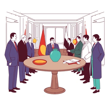 A group of world leaders stands around a large oval table in a grand conference room. Each leader is dressed in formal attire, showcasing their cultural backgrounds. On the table, there are various symbolic gifts being exchanged, such as a teal vase from one leader, a white silk scarf from another, and an orange decorative plate from a third. The expressions on their faces reflect a sense of camaraderie and respect. Behind them, there are banners representing different nations, adding to the diplomatic atmosphere of the scene. The room features elegant decor, with chandeliers and large windows allowing natural light to fill the space.