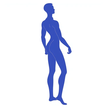 A stylish silhouette of a human figure stands in a dynamic pose. The outline of the figure is distinctly captured, emphasizing the shape of the scapula. The contours of the shoulders and back are clearly defined, creating an elegant curve. The head is tilted slightly, suggesting movement and grace. The arms are positioned to highlight the musculature, with one arm raised and the other lowered. The legs are in a relaxed stance, adding to the overall fluidity of the silhouette.
