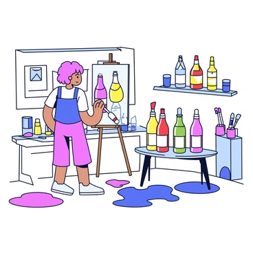 An artist is standing in a bright studio, focused on painting several sake bottles. The bottles are arranged on a small table in front of the artist, showcasing various shapes and designs. The artist is using a large brush to apply colorful paint to a canvas, capturing the essence of the bottles. Surrounding the artist are splashes of paint on the floor and walls, indicating a creative and lively atmosphere. Various art supplies, including paint tubes and brushes, are scattered around the studio.